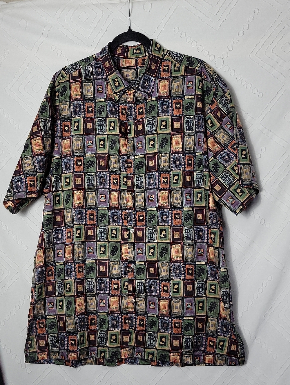 Men's Short-Sleeve Patterned Button-Up Shirt - Green Multi